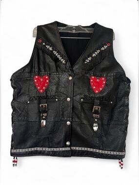 ⚡️SALE⚡️Custom Vintage Black Leather Studded Vest Red Heart Patches & Fringe